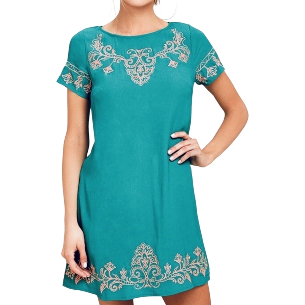 Lulu's Teal Green Embroidered Mini Dress‎ Size Small
